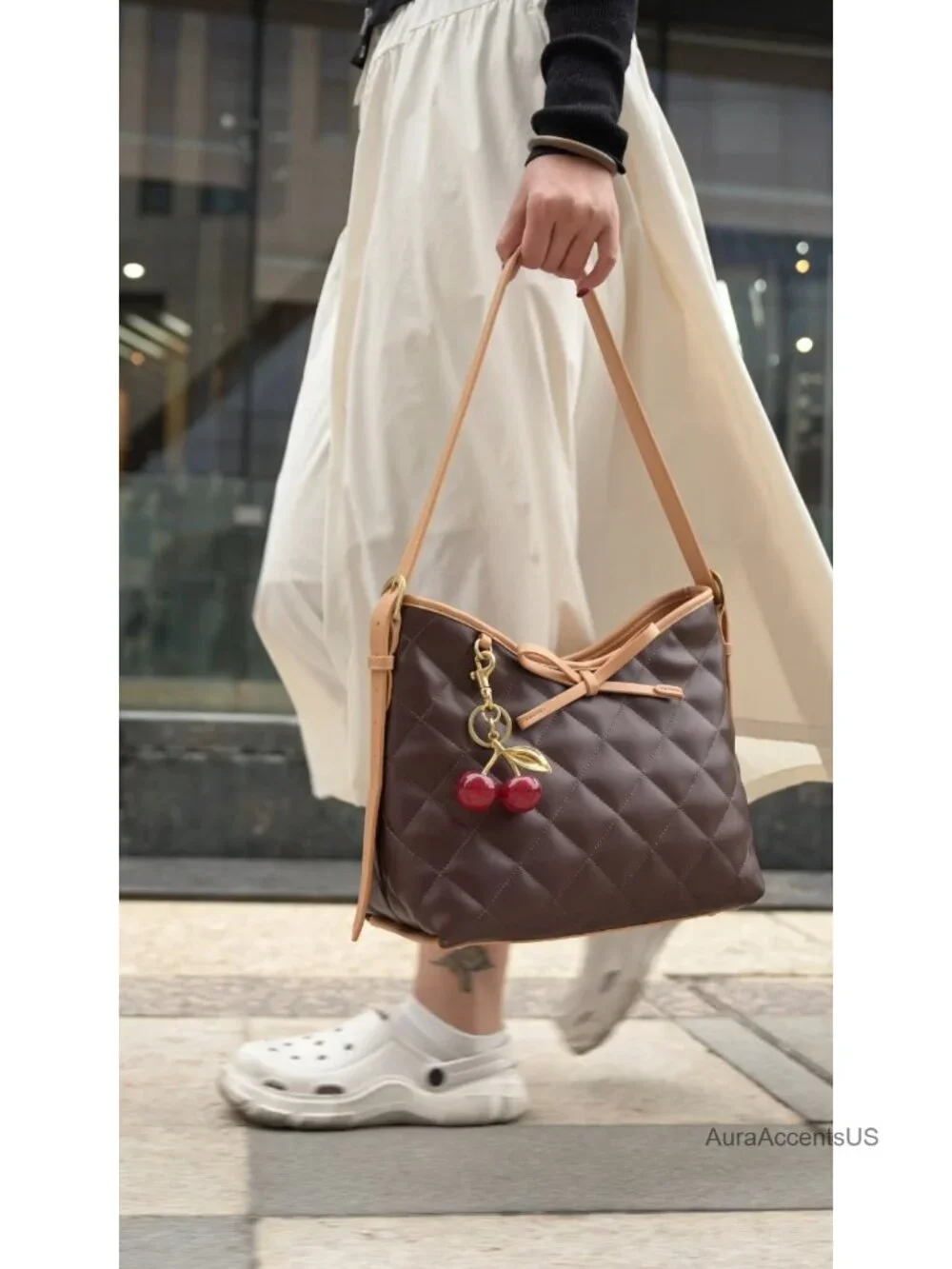 Quilted Hobo Crossbody Bag Faux Leather Women's Shoulder Purse with Cherry